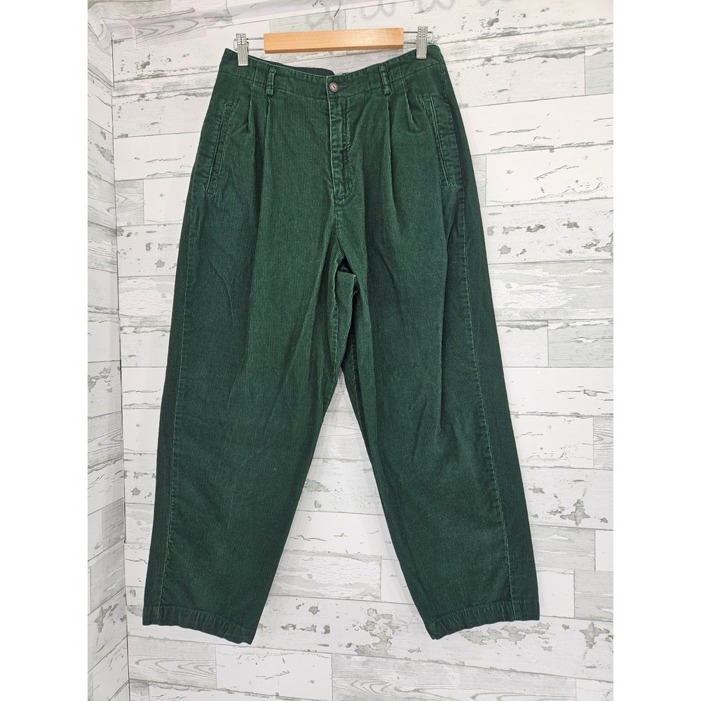 Lizsport Petite Green Corduroy Pants High Rise Pleated Tapered Cotton Size 12P